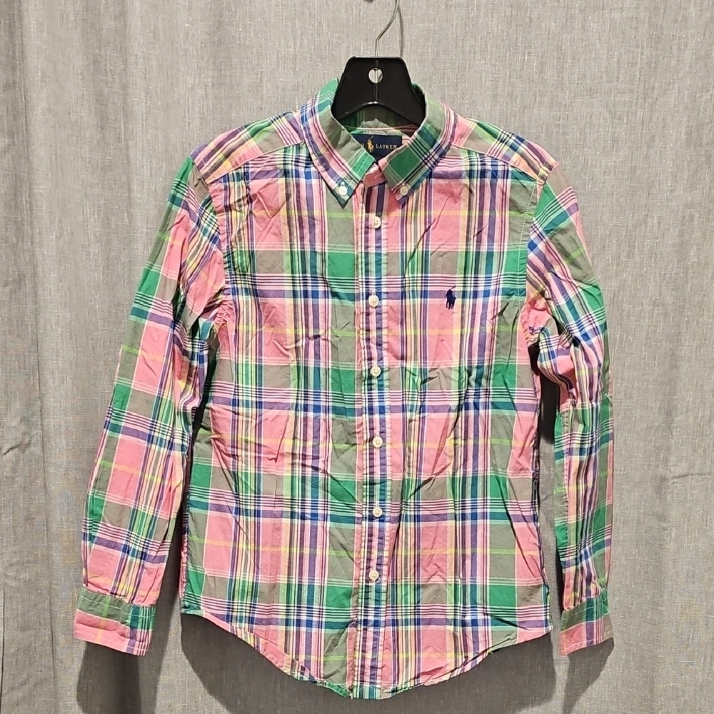 Ralph Lauren Boys Pink and Green Plaid Casual Button Down Shirt
